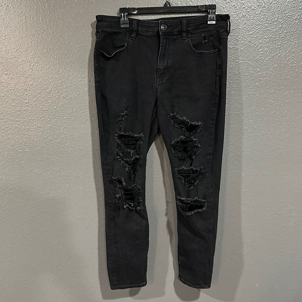 American Eagle Distressed Next Level Stretch Hi Rise Black Jeggings 14 Short